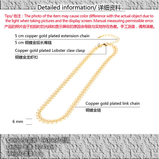 Fashion New Fishbone Chain   Hot-sale  Real Gold Plated Color Preservation Sequin Copper  Necklace Wholesale