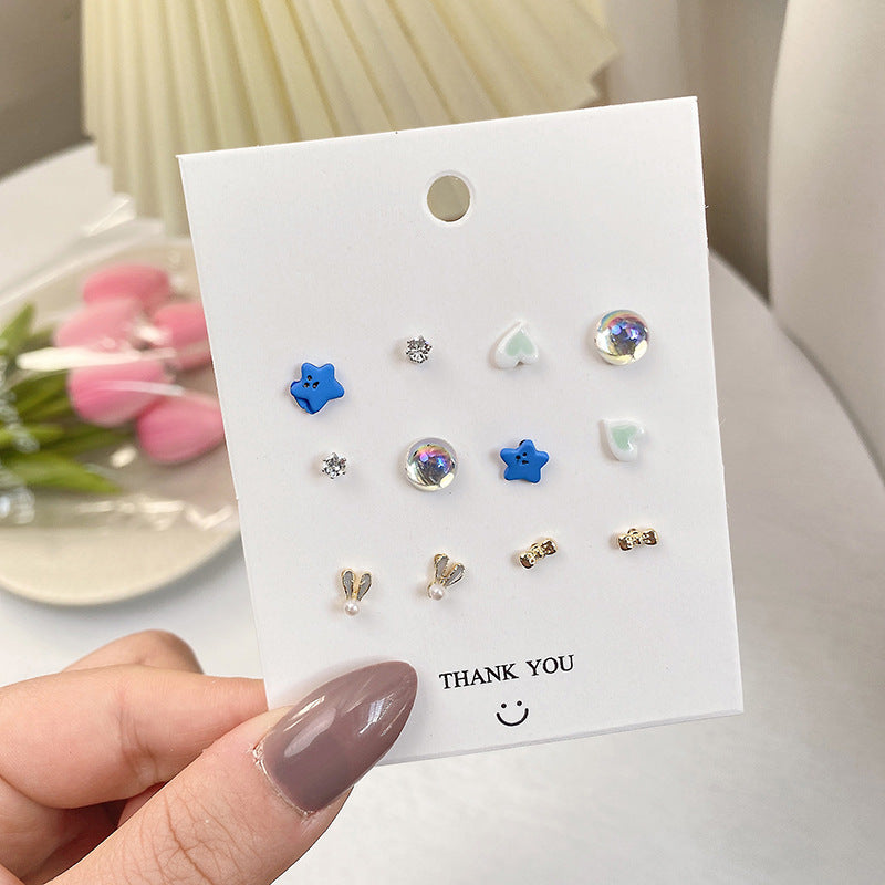 Korean Fashion Flower Bow 6 Pairs Of Earrings Set New Pearl Earrings