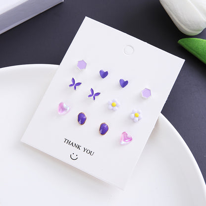 Korean Fashion Flower Bow 6 Pairs Of Earrings Set New Pearl Earrings