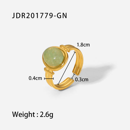 Fashion Waterproof Stainless Steel 18k Gold Oval Green/purple Semi-precious Stone Open Ring