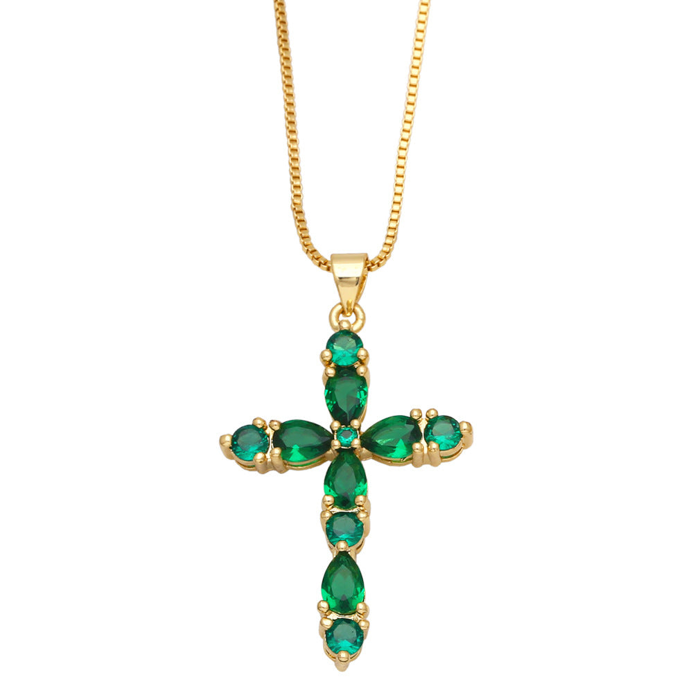 Fashion Colorful Zircon Cross Hip Hop Diamond Copper Necklace