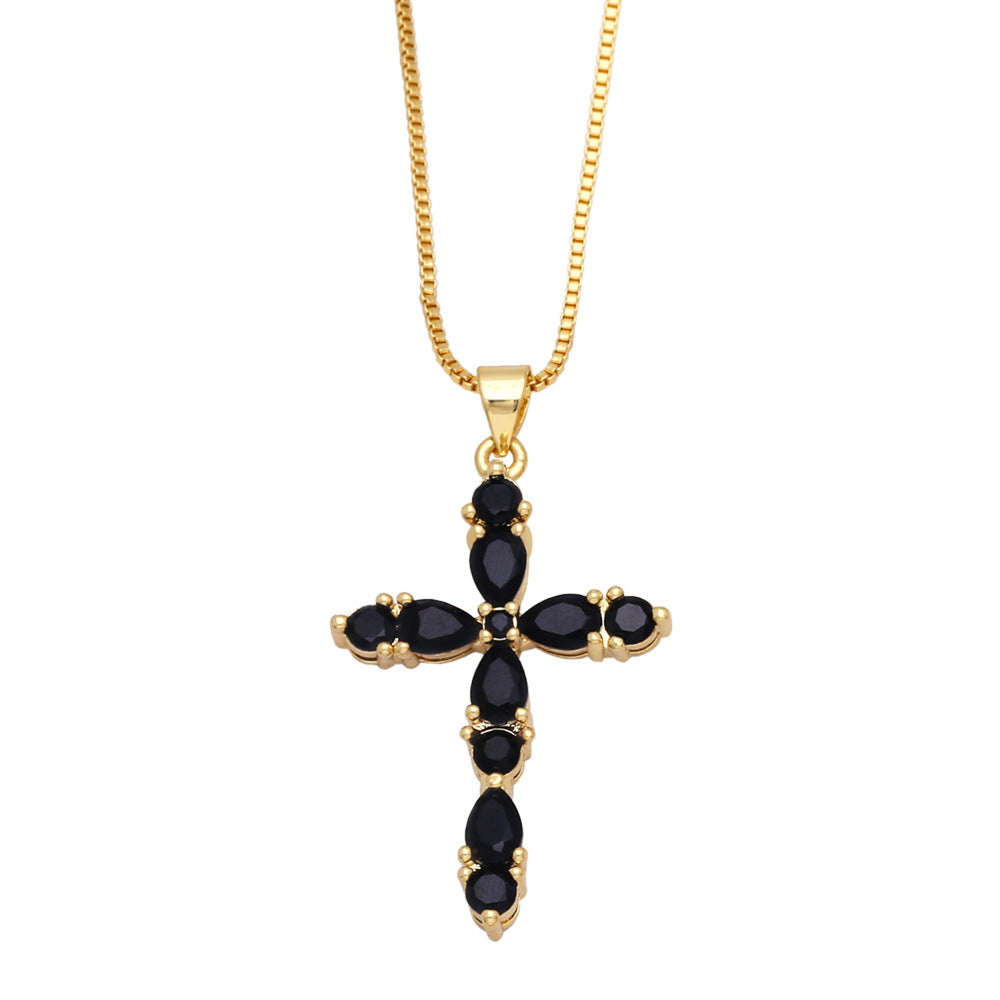 Fashion Colorful Zircon Cross Hip Hop Diamond Copper Necklace