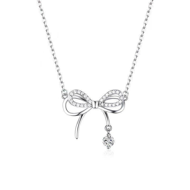 1 Piece Sweet Bow Knot Copper Plating Hollow Out Inlay Artificial Diamond White Gold Plated Necklace