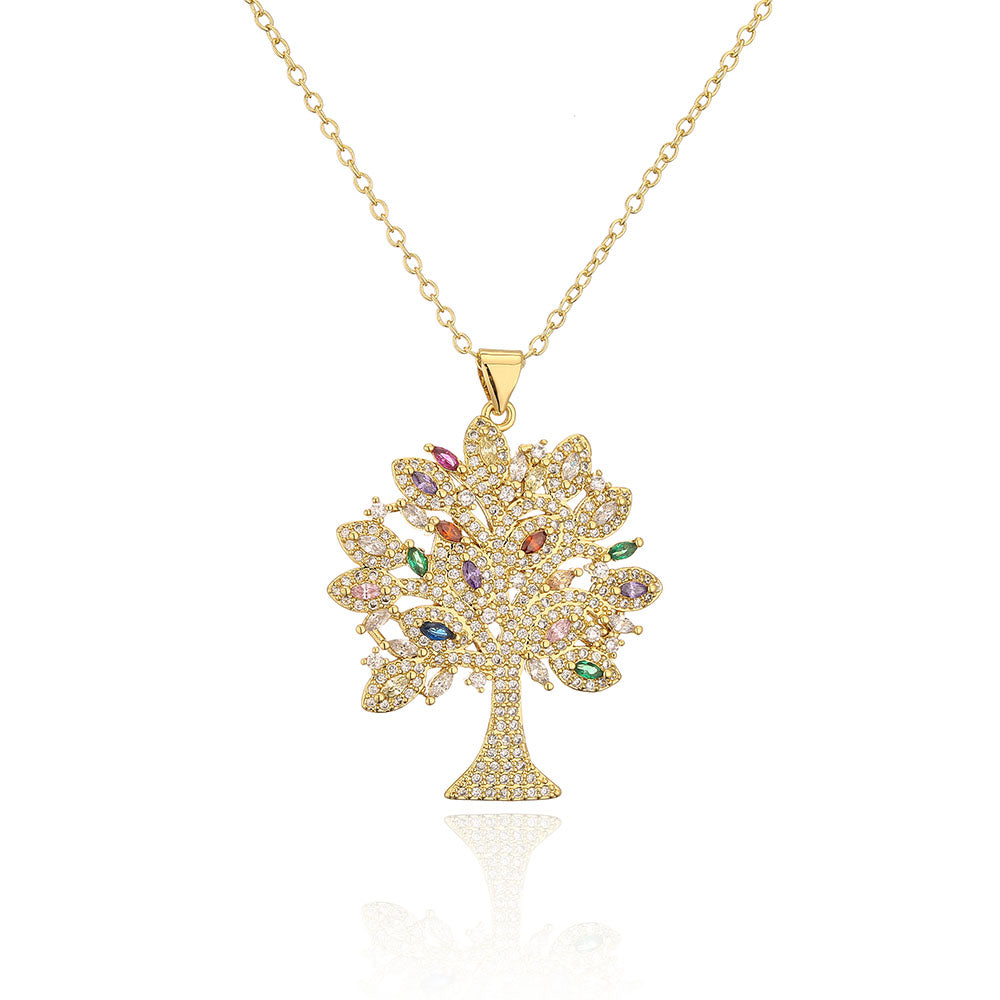 Fashion Copper 18k Gold Zircon Tree Shaped Goddess Pendant Necklace