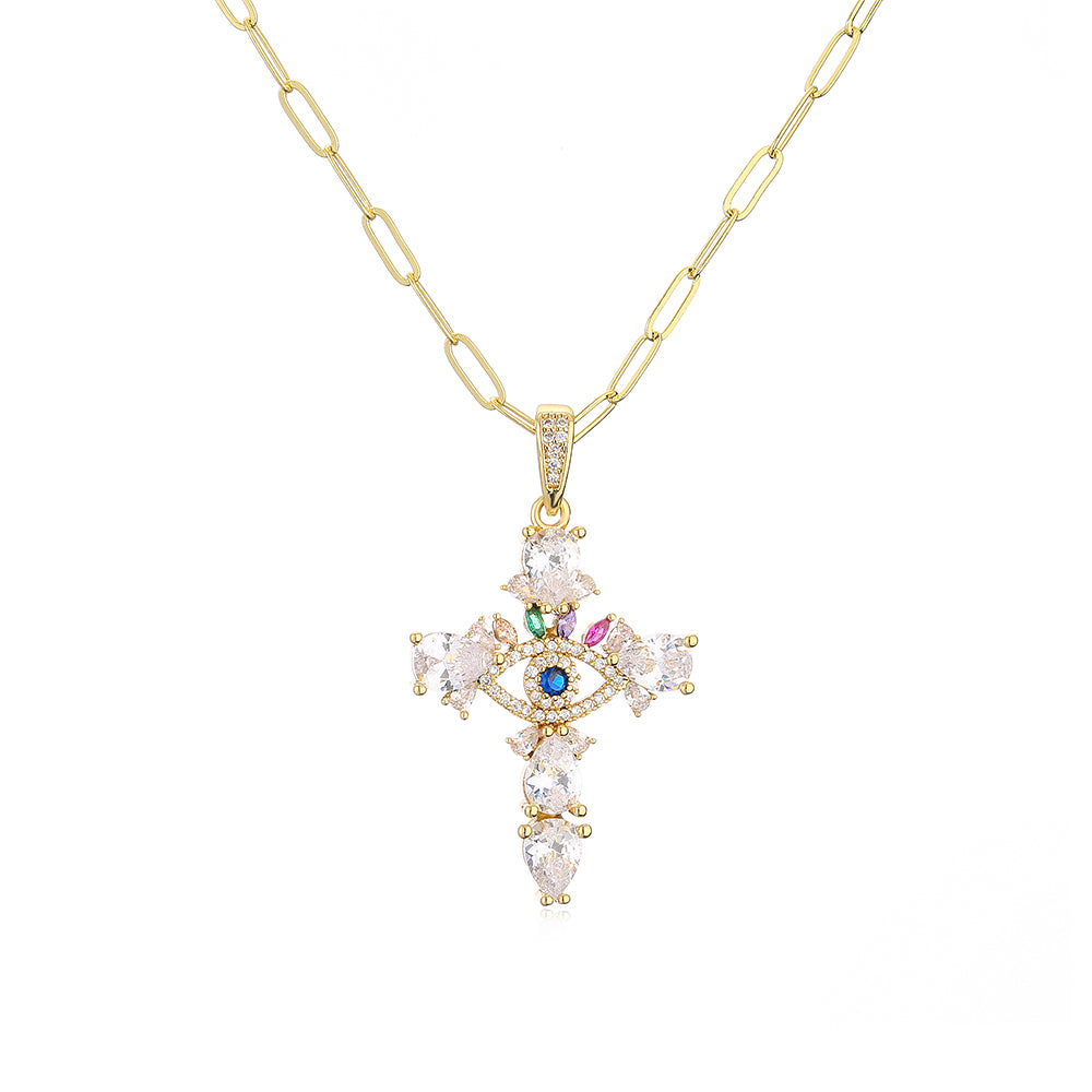 Fashion Copper Plating 18k Gold Zircon Cross Pendant Necklace Female