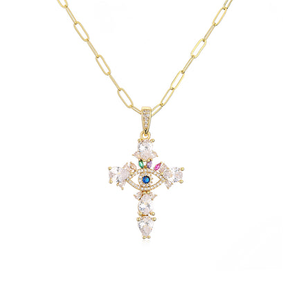 Fashion Copper Plating 18k Gold Zircon Cross Pendant Necklace Female