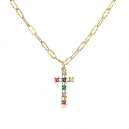 Fashion Copper Plating 18k Gold Zircon Cross Pendant Necklace Female