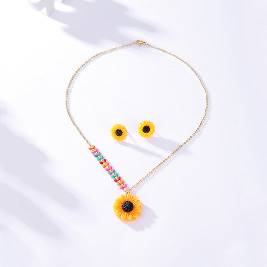 Simple Stainless Steel 18k Gold Sunflower Stud Earrings Necklace Set