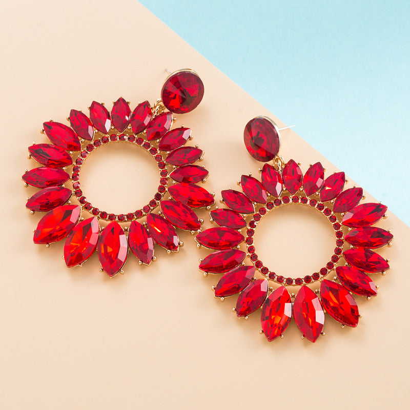 Fashion Large Alloy Inlaid Glass Drill  Hollowed-out Flower-shaped Earrings Wholesale