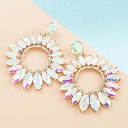 Fashion Large Alloy Inlaid Glass Drill  Hollowed-out Flower-shaped Earrings Wholesale