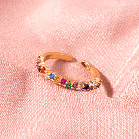 Simple Style Rainbow Zircon Adjustable Opening Ladies Copper Ring