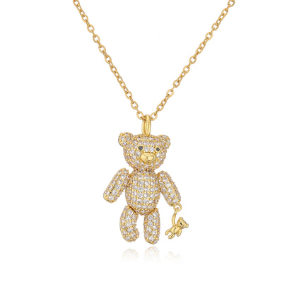 Full Diamond Bear Copper Necklace Micro Inlaid Zircon Cute Bear With Little Bear Pendant Necklace