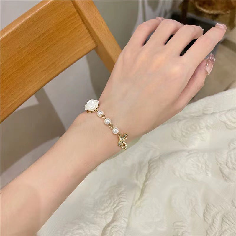 Fashion New Style Hollow Butterfly Inlaid Rhinestone Camellia Flower Pearl Bracelet