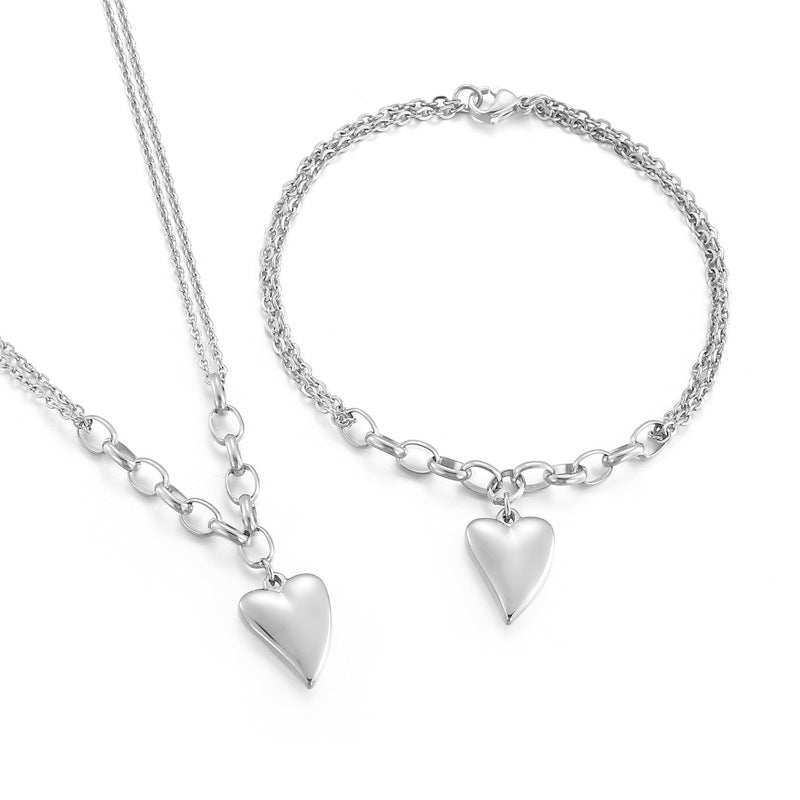 Europe And America Heart Necklace Bracelet Titanium Steel Chain Splicing Heart-shaped Set