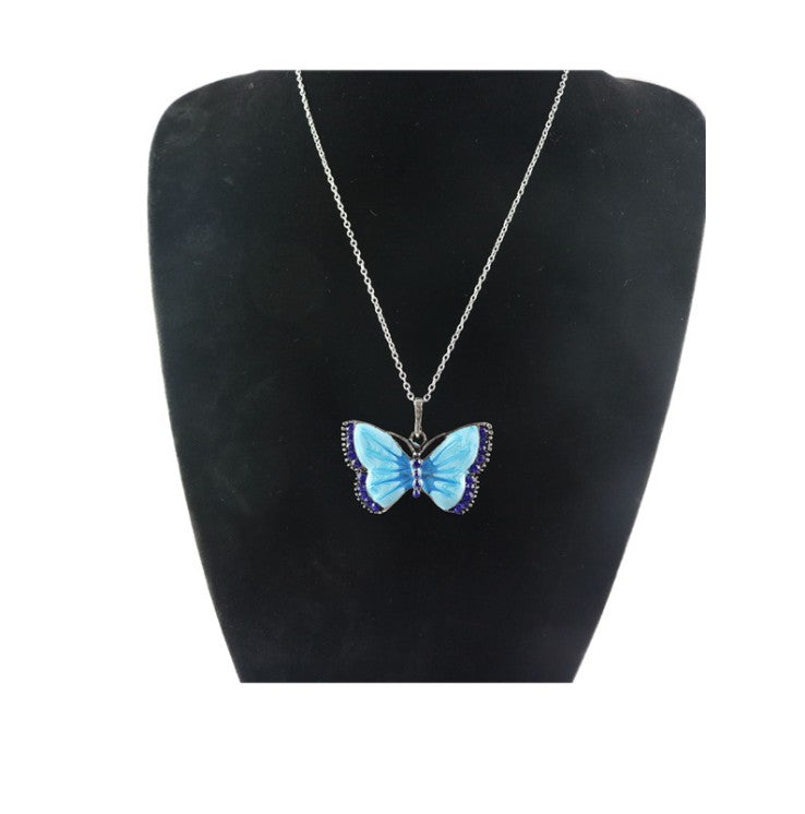 Vintage Insect Oil Dripping Painted Diamond Butterfly Shaped Pendant Necklace