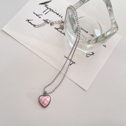 New Style Color Chessboard Plaid Heart Pendant Necklace Clavicle Chain