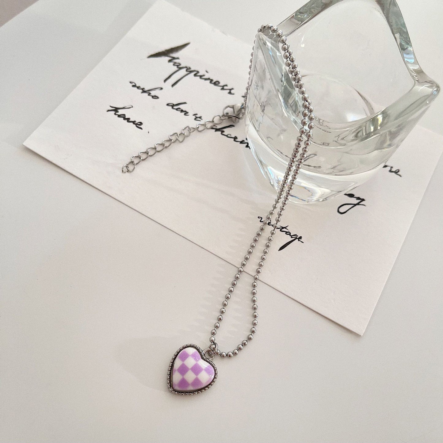 New Style Color Chessboard Plaid Heart Pendant Necklace Clavicle Chain