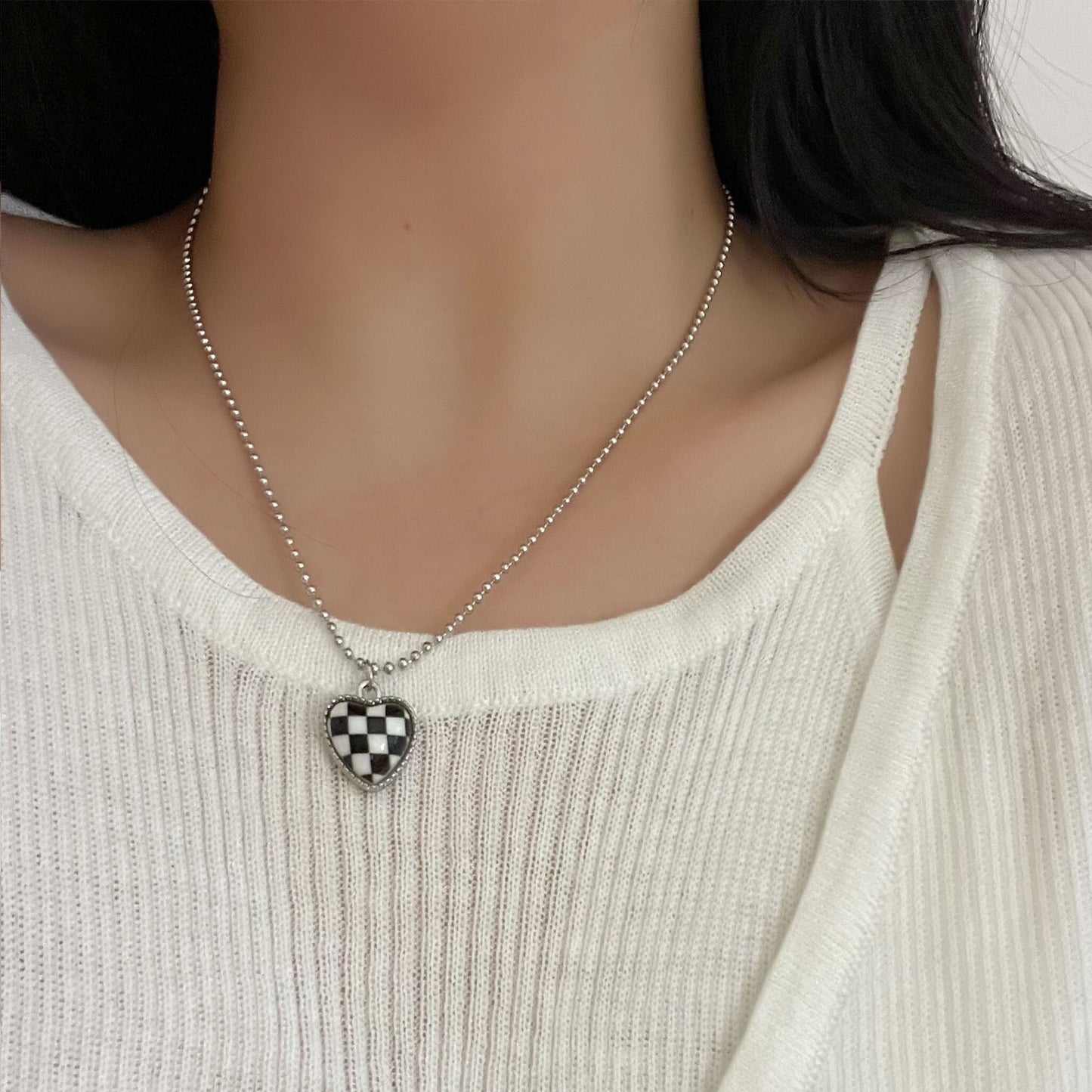 New Style Color Chessboard Plaid Heart Pendant Necklace Clavicle Chain