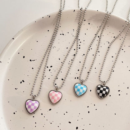 New Style Color Chessboard Plaid Heart Pendant Necklace Clavicle Chain