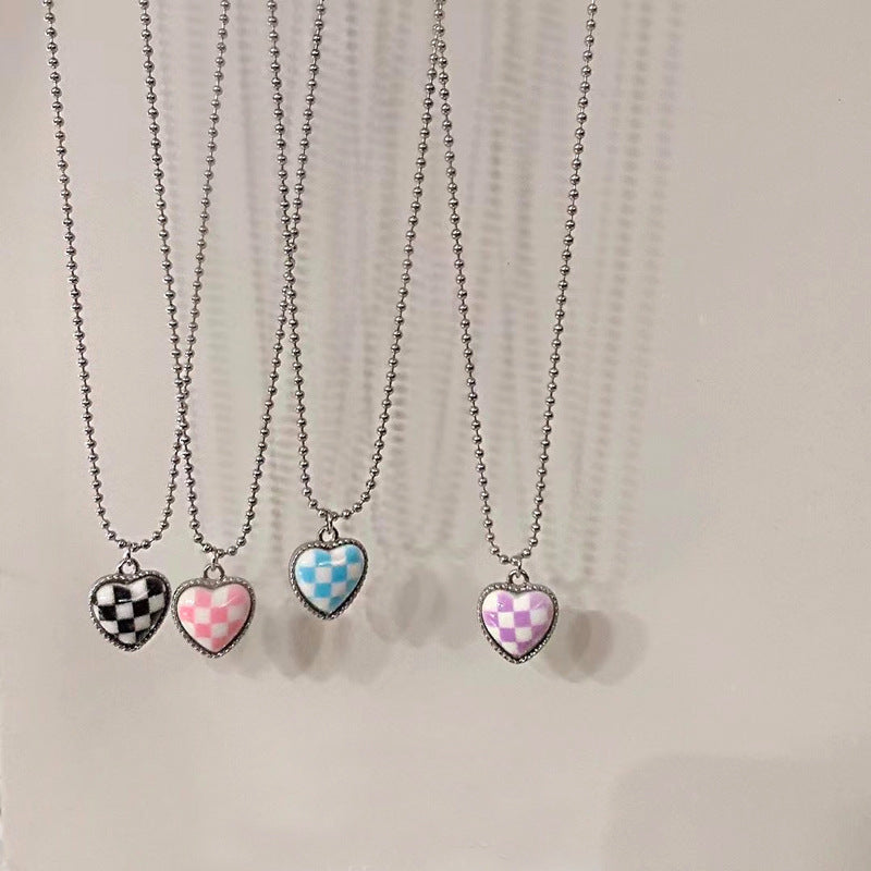 New Style Color Chessboard Plaid Heart Pendant Necklace Clavicle Chain