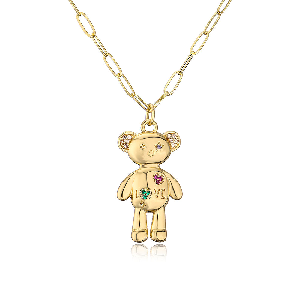 Fashion Cute Bear Moon Pendant Plating 18k Gold Micro Inlaid Zircon Copper Necklace