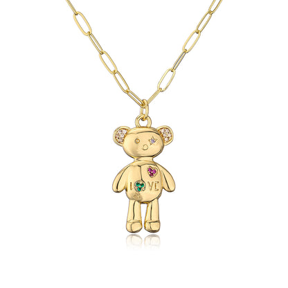 Fashion Cute Bear Moon Pendant Plating 18k Gold Micro Inlaid Zircon Copper Necklace