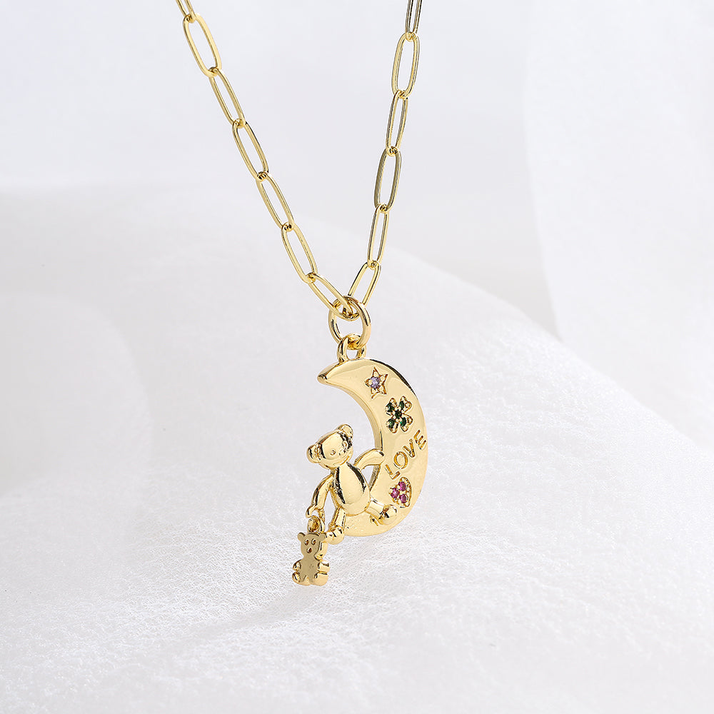 Fashion Cute Bear Moon Pendant Plating 18k Gold Micro Inlaid Zircon Copper Necklace