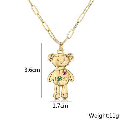 Fashion Cute Bear Moon Pendant Plating 18k Gold Micro Inlaid Zircon Copper Necklace