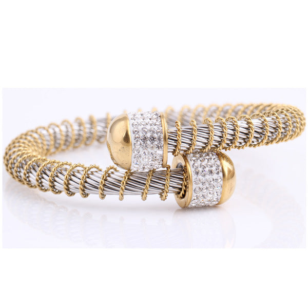 Fashion Spring Steel Wire Golden Diamond-embedded Stainless Steel Bracelet Wholesale