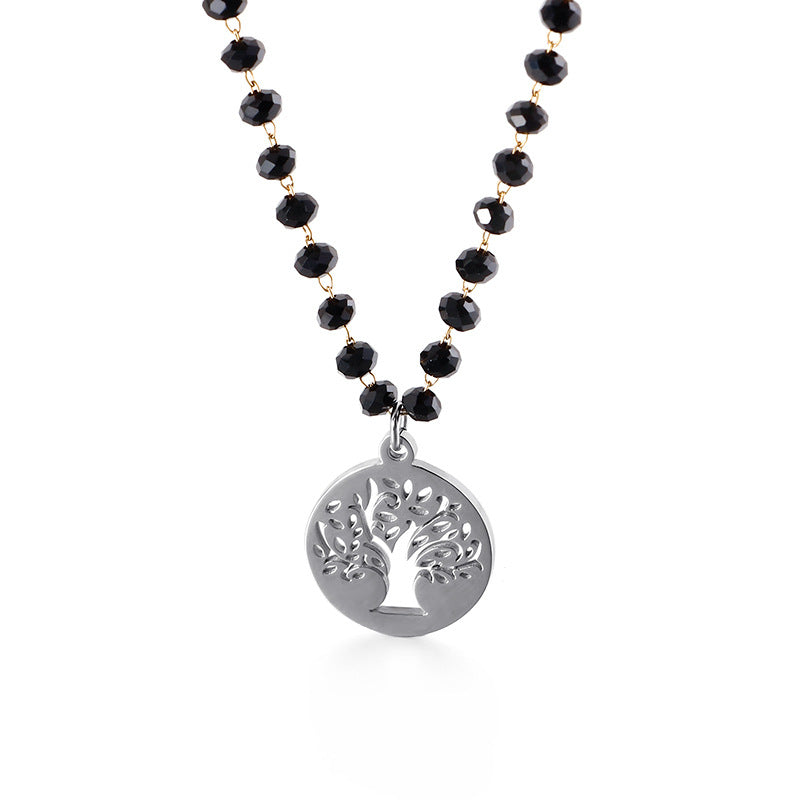 Simple New Black Glass Round Bead Tree Of Life Stainless Steel Necklace Wholesale