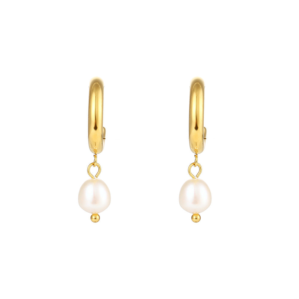 1 Pair Fashion Geometric Plating Stainless Steel Freshwater Pearl 18k Gold Plated Earrings