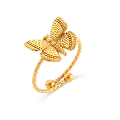 Fashion Stainless Steel 18k Gold Plating Adjustable Butterfly Ring