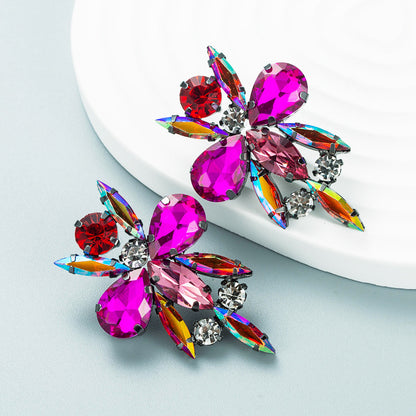 New Creative Flower Colorful Rhinestone Female Alloy Earrings Wholesale