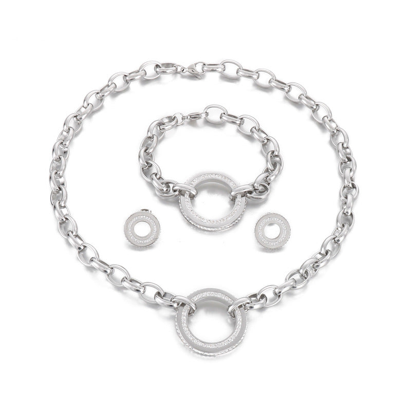Fashion Thick Chain Round Hollow Full  Rhinestone Necklace Bracelet Earrings Titanium Ornament Three-piece Set