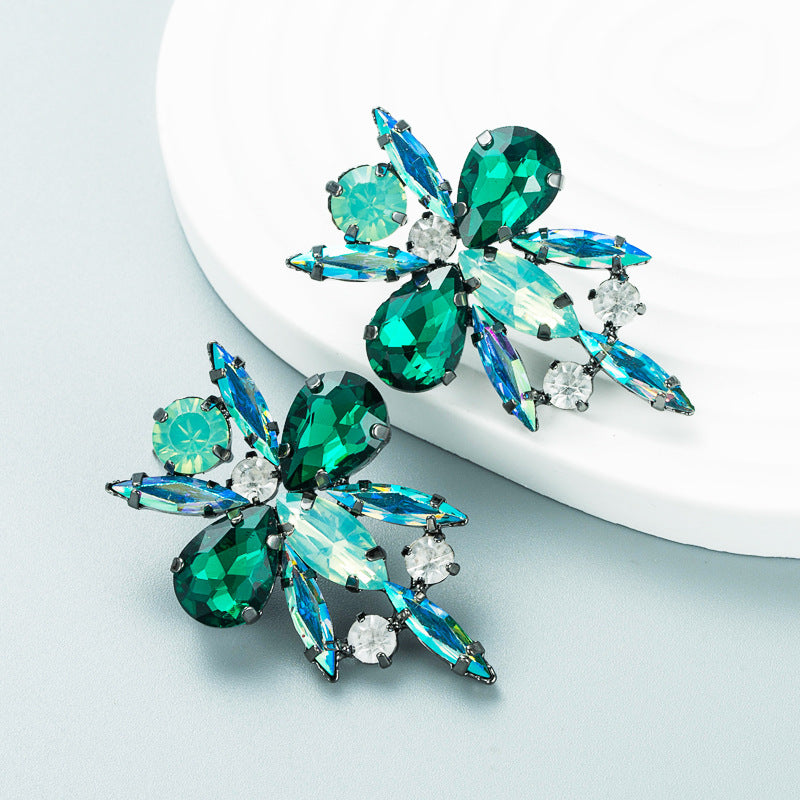 New Creative Flower Colorful Rhinestone Female Alloy Earrings Wholesale