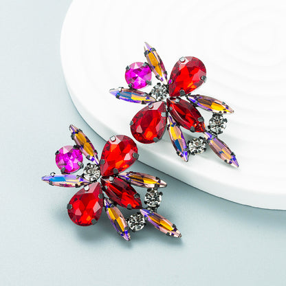 New Creative Flower Colorful Rhinestone Female Alloy Earrings Wholesale