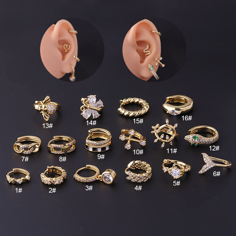 Gold Plated Fashion Piercing Earrings Geometric Copper Inlaid Zircon Irregular Ear Clip Single