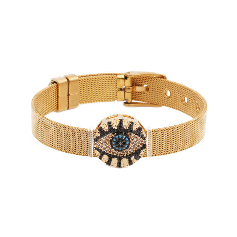 New Eye Color Zirconium Copper Micro-inlaid Zircon Stainless Steel Mesh Strap Bracelet