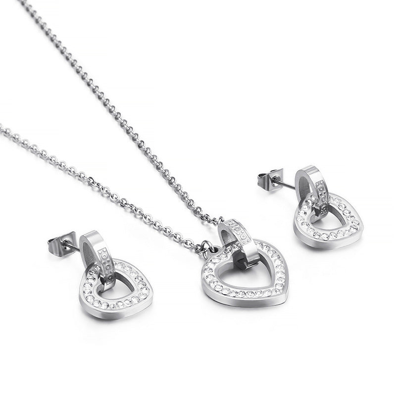 New Diamond Double Ring Titanium Steel Earrings Necklace Set Wholesale Gooddiy