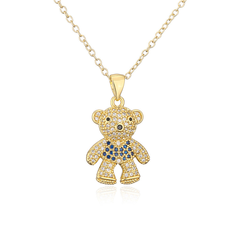 New Copper Micro-inlaid Zircon Cute Bear Pendant Golden Necklace Wholesale