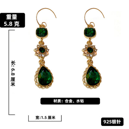 Retro Green Inlaid Rhinestone Water Drop Flower Ear Hook Wholesale Gooddiy