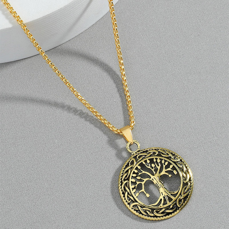 Retro Circle Hollow Tree Of Life Pendant Titanium Steel Necklace