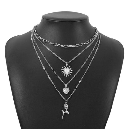 European And American Retro Sun Heart Flower Necklace Diamond Niche Necklace Female