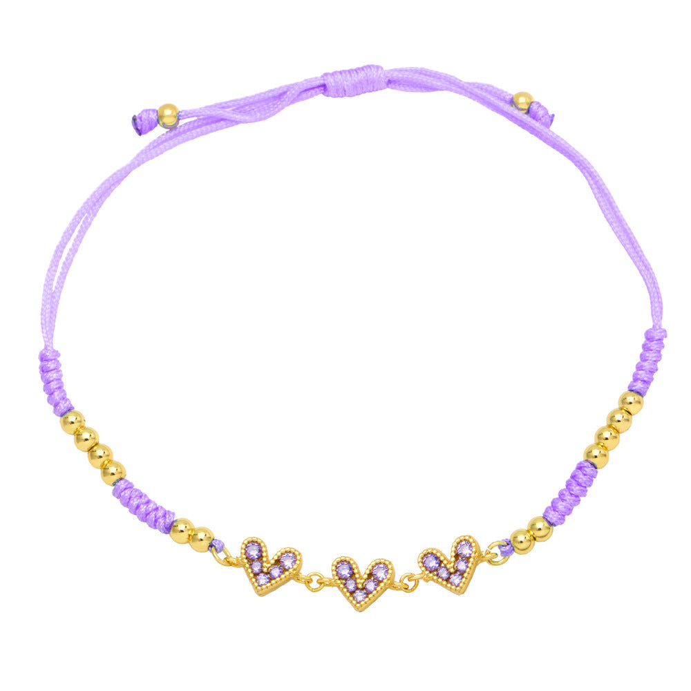 Fashion Colorful Heart-shaped Inlay Zircon Braided Copper Bracelet