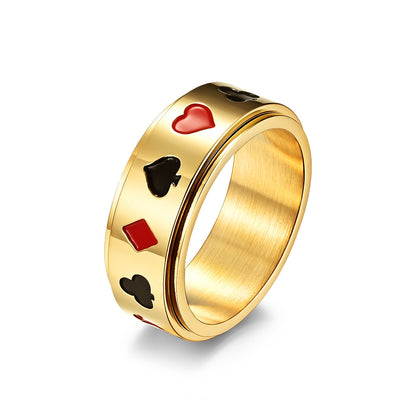 Fashion Spade Red Peach Plum Blossom Square Playing Card Pattern Titanium Steel Rotatable Ring