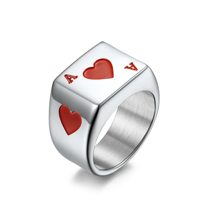 Fashion Red Black Heart Playing Card Titanium Steel Ring