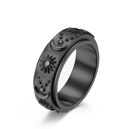 Fashion Sun Moon And Star Titanium Steel Rotatable Bohemian Ring