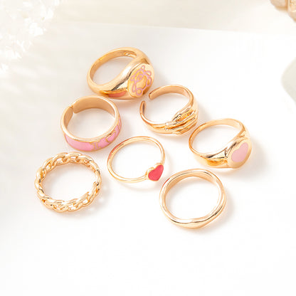 2022 New Fashion Delicate Pink Dripping Oil Heart Bear Color Matching Ring 7-piece Set