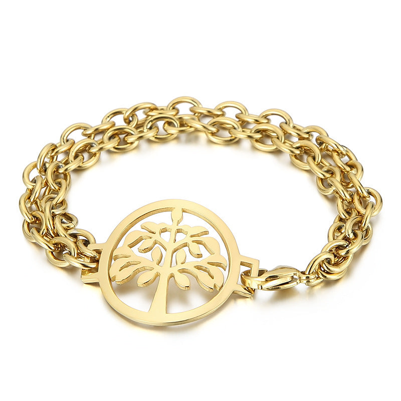 Ladies Stainless Steel Jewelry Double Ring Tree Of Life Pendant Bracelet