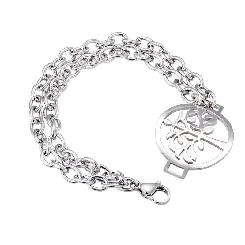 Ladies Stainless Steel Jewelry Double Ring Tree Of Life Pendant Bracelet